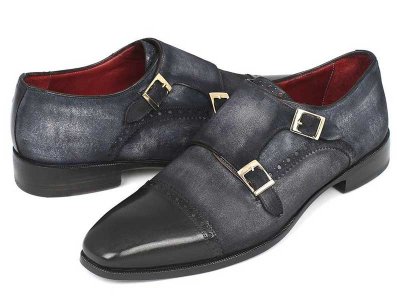 Paul Parkman Cap Toe Double Monk Strap Shoes Navy Suede FK77...